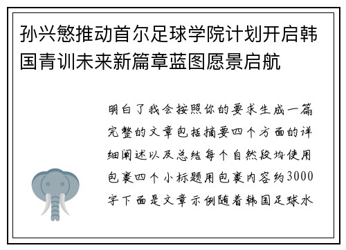孙兴慜推动首尔足球学院计划开启韩国青训未来新篇章蓝图愿景启航