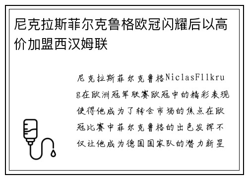 尼克拉斯菲尔克鲁格欧冠闪耀后以高价加盟西汉姆联
